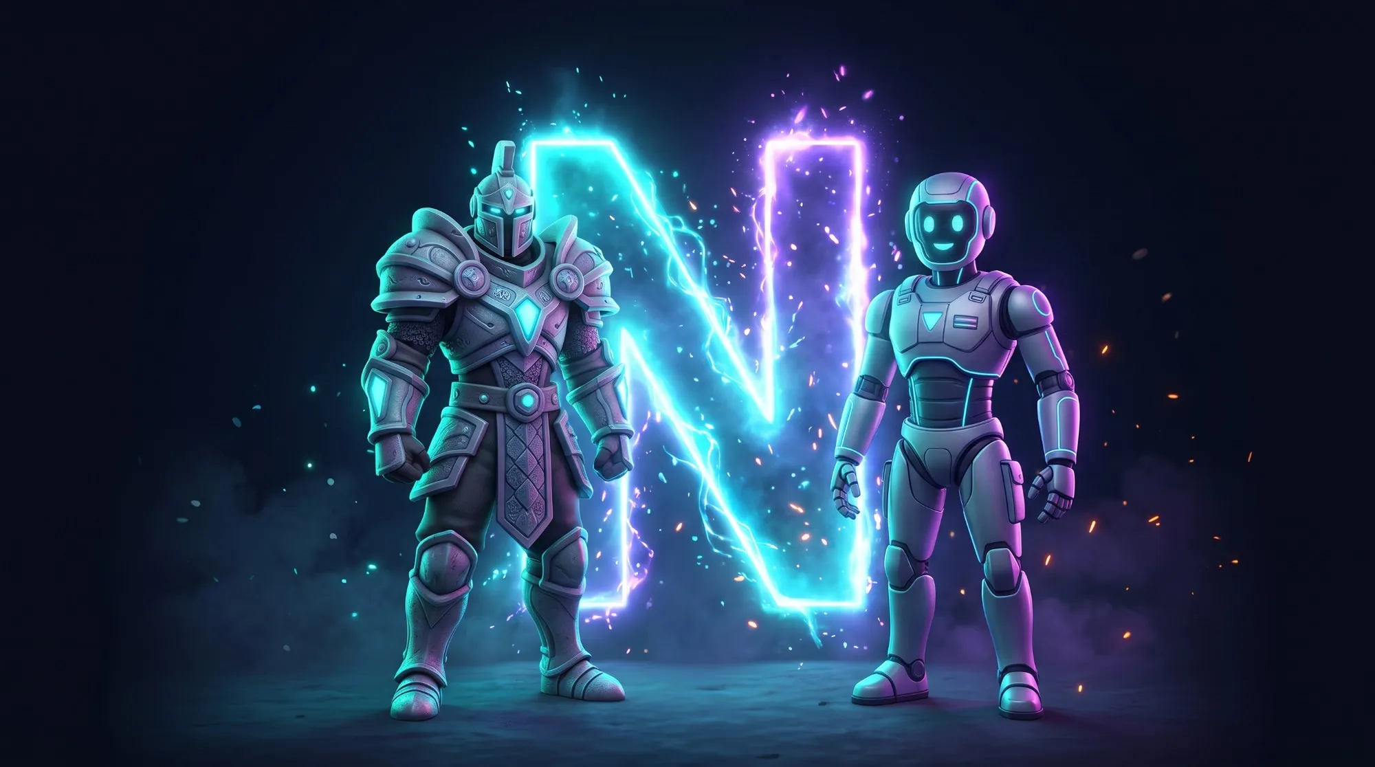 A knight and a robot standing beside a glowing letter N